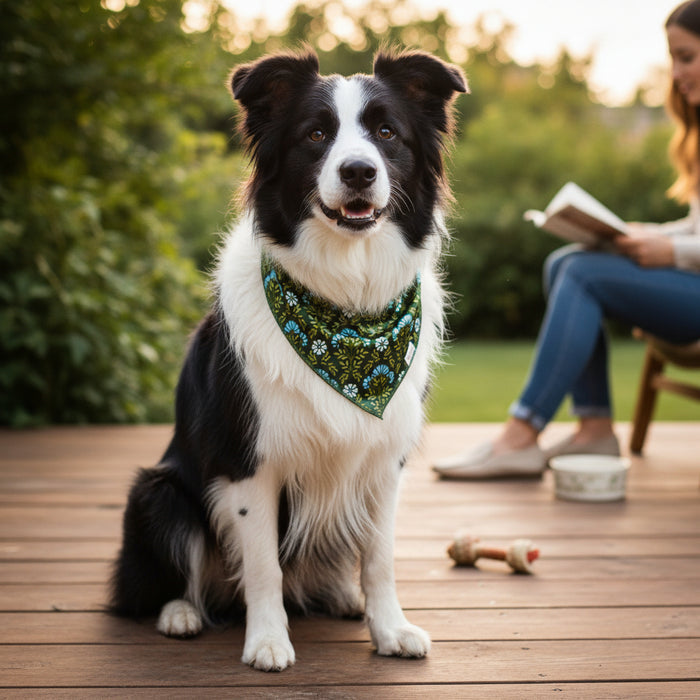 A black and white dog wears The Darling Effect Bow-Wow Pet Bandana-Everbloom Forest Green on a wooden deck. In the background, someone reads on a chair, with a dog toy and water bowl nearby.