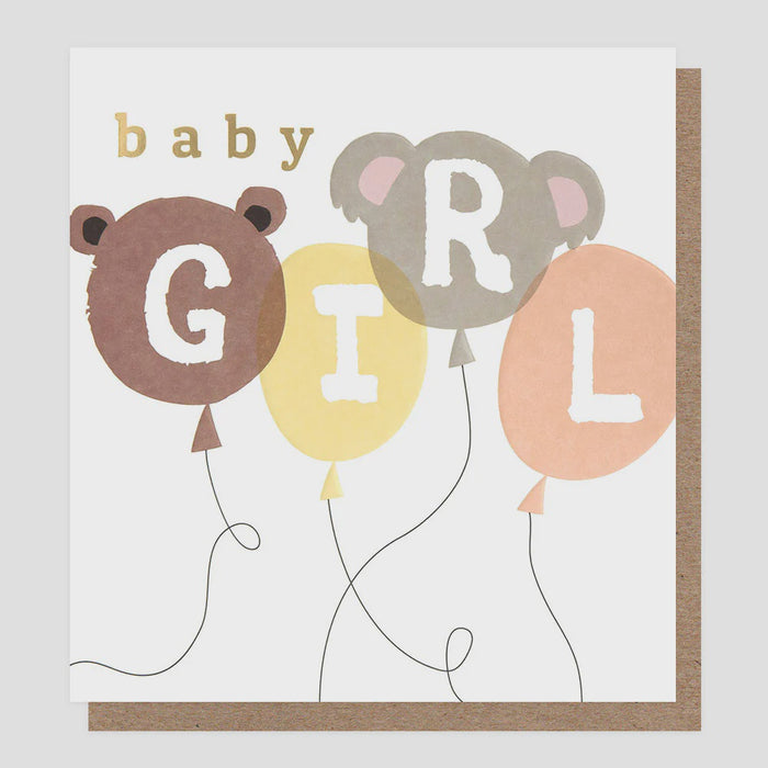 Caroline Gardner Baby Girl Bear Balloons Greetings Card