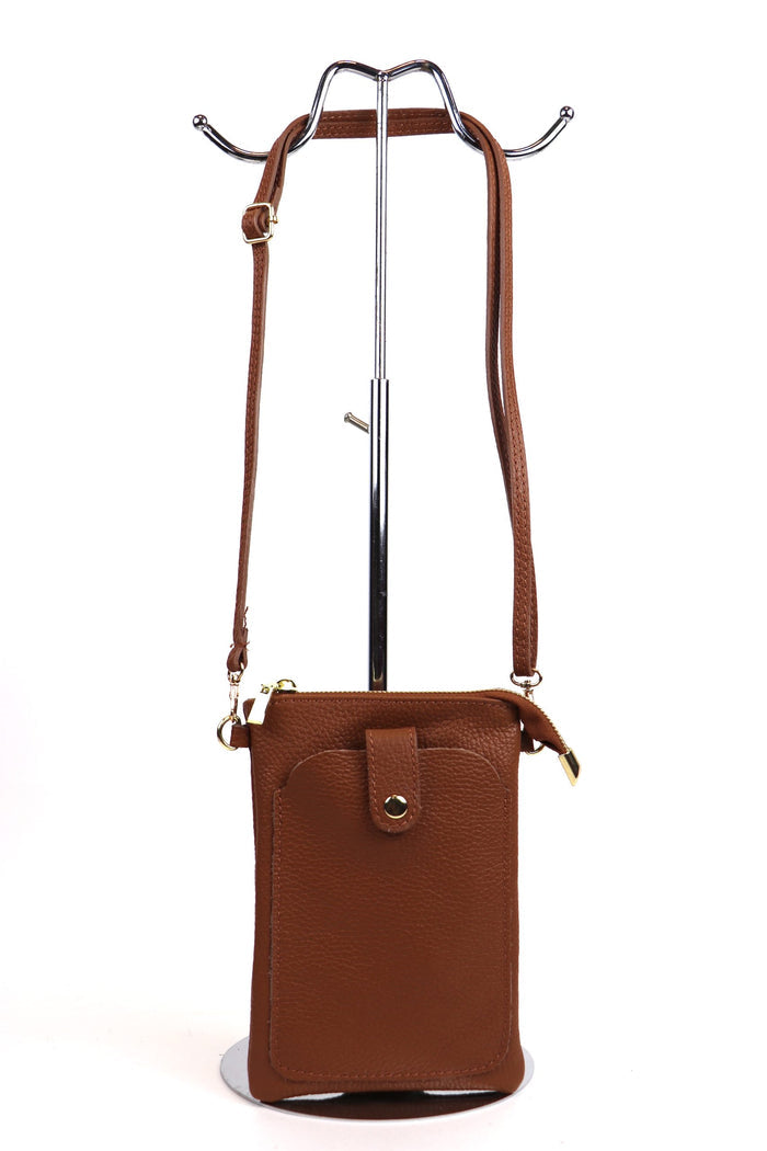Crossbody Leather Pouch Phone Bag - Dark Tan