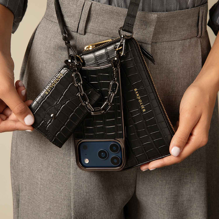 Expanded Zip Pouch - Black Croc/Pewter