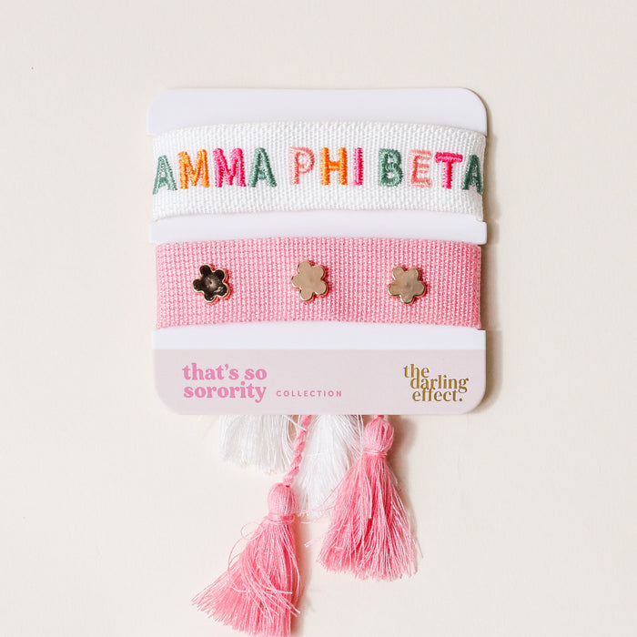 The Darling Effect's Gamma Phi Beta Woven Bracelet Set includes three unique bracelets—a fun and colorful sisterhood gift from the That's So Sorority Collection.