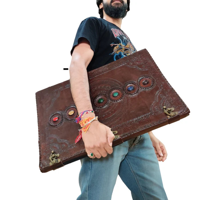 Handcrafted Extra Large Leather Journal - Seven Chakra Stone Book of Shadow Diary