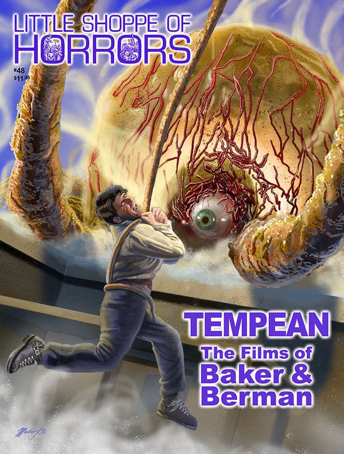 Illustration of a creature with an eye and tentacles attacking a person, with text about 'Little Shoppe of Horrors' and 'Tempean'.