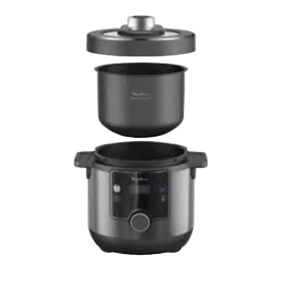 Black rice cooker with detachable parts on a white background