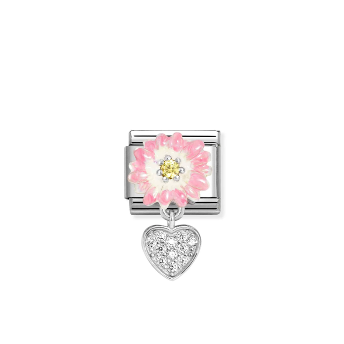 Nomination Classic Silver Charm - Pink Daisy & CZ Heart