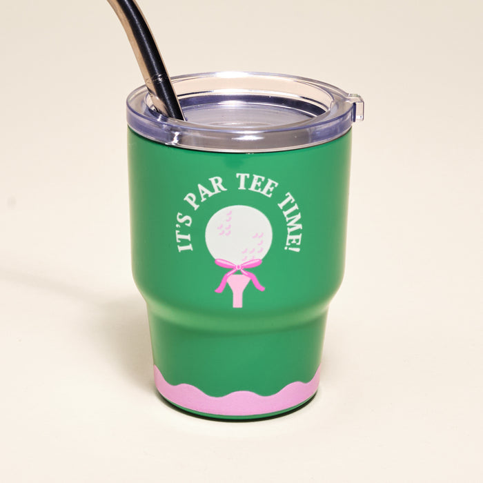 The Darling Effect's Par Tee Time 2 oz Tiny Tumbler features a white golf ball on a tee with a pink ribbon and "ITS PAR TEE TIME!" text, plus a pink wavy stripe near the bottom. Includes a straw and insulation.