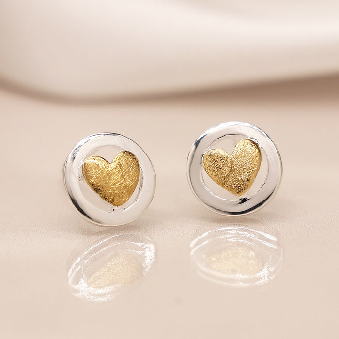 POM Sterling Silver Circle & Gold Heart Stud Earrings
