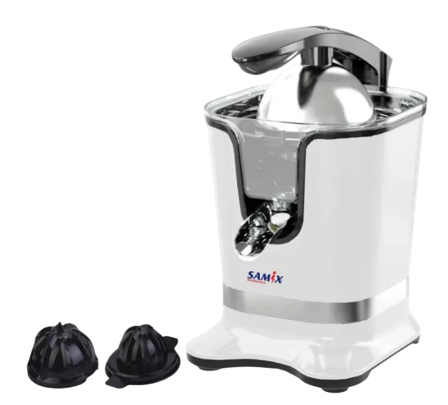 A white SAMIX juicer with a powerful motor, featuring a compact design and removable parts for easy cleaning.