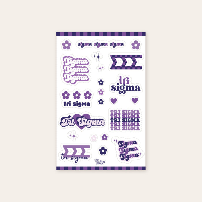 Show your sisterhood pride with The Darling Effect’s Sigma Sigma Sigma Sticker Sheet, featuring purple, white, and lavender designs with “Sigma,” Tri Sigma, ΣΣΣ Greek letters, flowers, and hearts on a striped background.