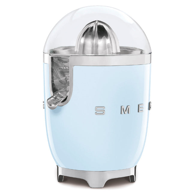 Light blue citrus juicer with silver top on a white background