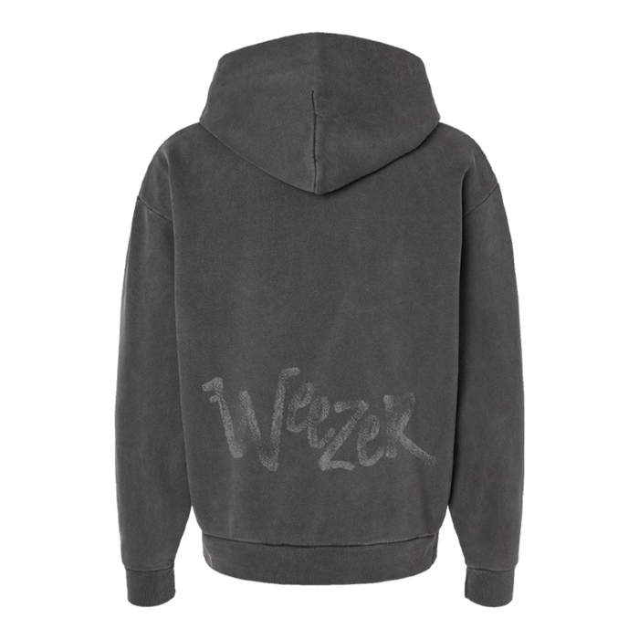 Back of dark gray cotton solar observation hoodie with faded distressed weezer logo in stylized script