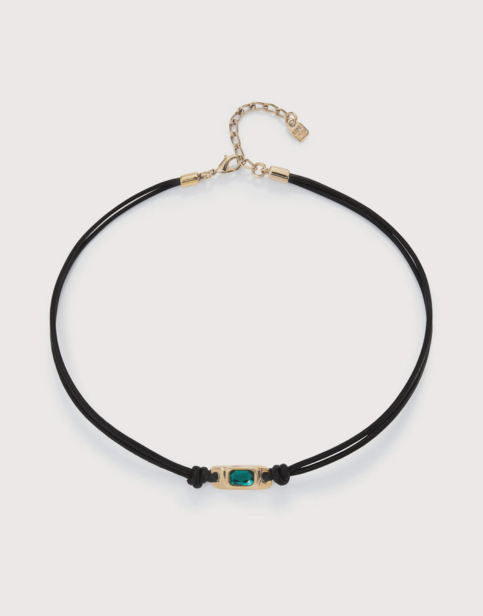 UNOde50 Gold Plated & Leather Necklace - Green Crystal