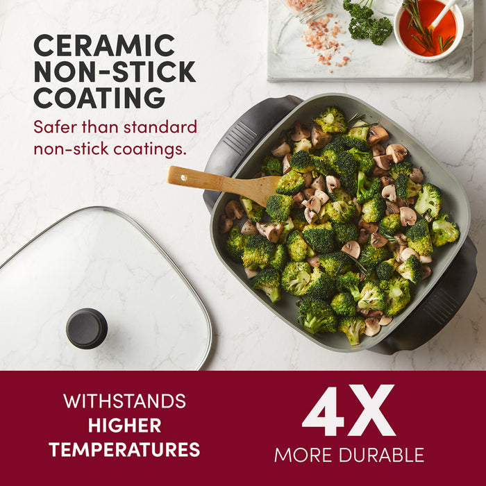 Ceramic Non-stick Coating.  Safer than standard non-stick coatings.  Withstands higher temperatures.  4x more durable