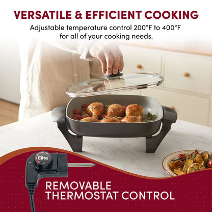 Versatile & efficient cooking.  Adjustable temperature control 200F to 400F for all of your cooking needs.  Remove able thermostat control.