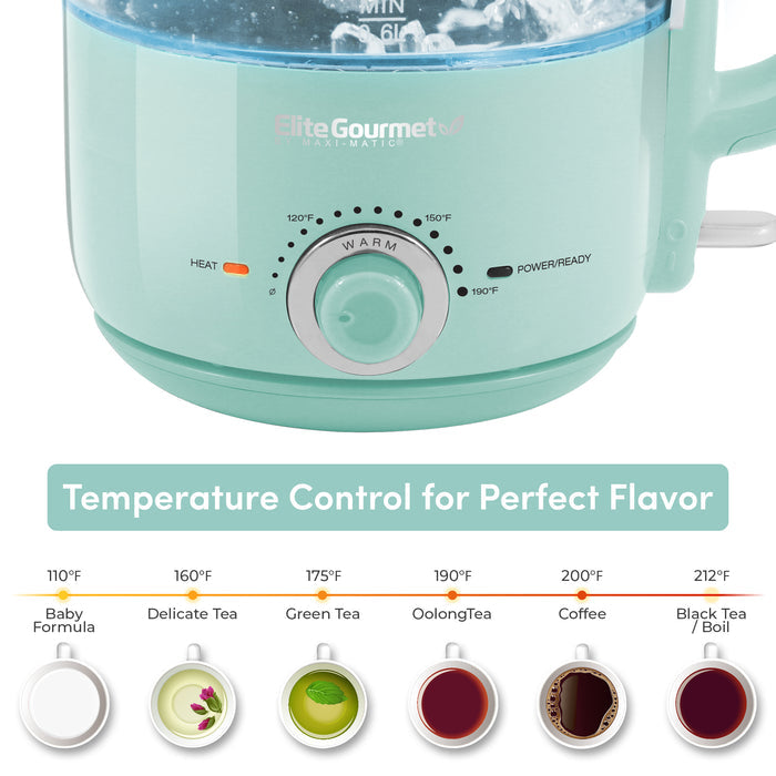 Temperature Control for Perfect Flavor Baby Formula 110°F Delicate Tea 160°F Green Tea 170°F OolongTea 190°F Coffee 200°F Black Tea/ Boil 212°F. Temperature knob. Various types of milk, coffee and tea