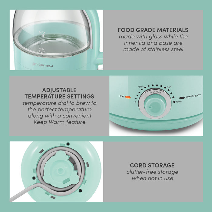 FOOD GRADE MATERIALS made with glass while the inner lid and base are made of stainless steel, Showing water level marker on glass of kettle. ADJUSTABLE TEMPERATURE SETTINGS temperature dial to brew to the perfect temperature along with a convenient Keep Warm feature. Showing temperature knob of kettle. CORD STORAGE clutter-free storage when not in use. Showing bottom of the kettle.