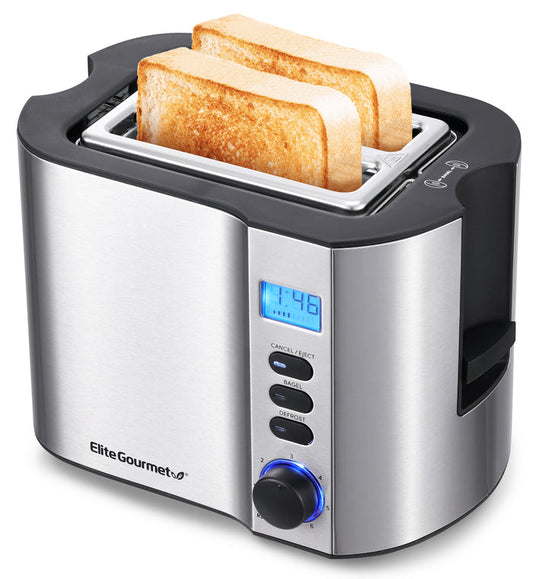 2 slice stainless steel toaster with LED display.