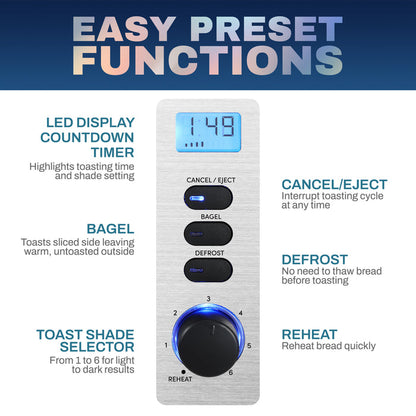 Easy preset fuctions. LED display countdown timer. Highlights toasting time and shade setting. Bagel function toasts sliced side leaving warm, untoasted outside. Toast shade selector from 1 to 6 for light to dark results. Cancel/Eject function interrupt toasting cycle at any time. Defrost function no need to thaw bread before toasting. Reheat function reheat bread quickly.