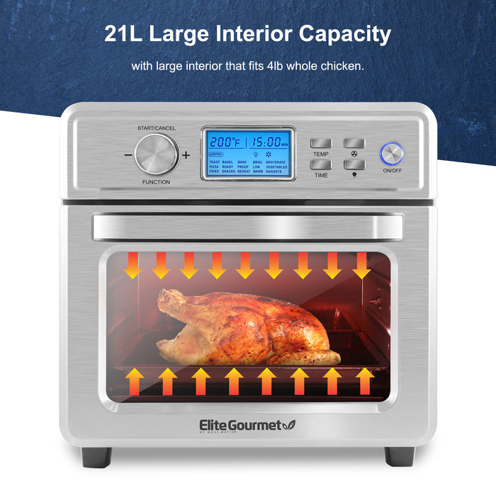 Air fryer oven with a roast chicken inside. 21 Large interior capacity. With large interior that fits 4 lb whole chicken.