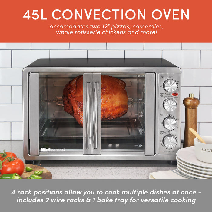 45L CONVECTION OVEN accommodates  two 12" pizzas, casseroles, whole rotisserie chickens and more! 4 rack positions allow you to cook multiple dishes at once - includes 2 wire racks & 1 bake tray for versatile cooking.