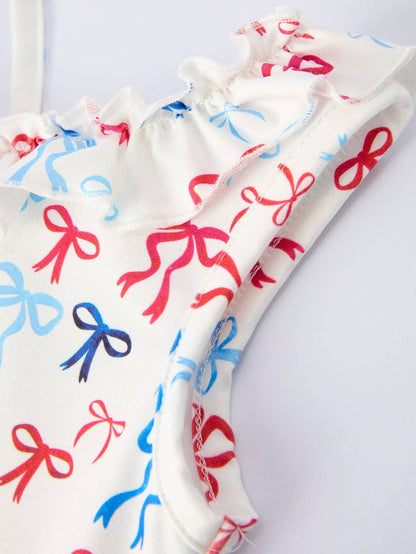 4th of july Bow Print Girls Dress One Shoulder Ruffle