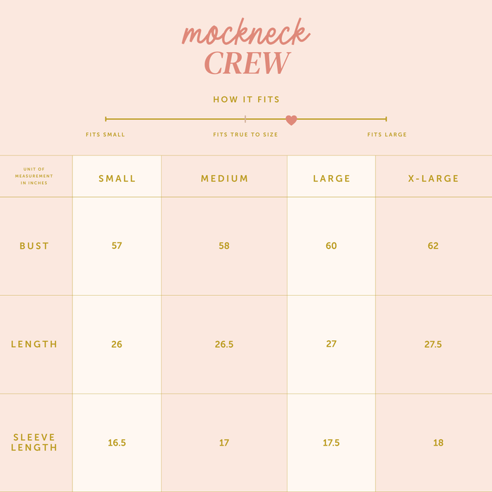 Sizing chart for the Alpha Chi Omega Teddy Bear Mockneck Sweatshirt S/M by The Darling Effect, displaying bust, length, and sleeve measurements (in inches) plus a fit guide—ideal for your next teddy bear or sorority sweatshirt purchase.