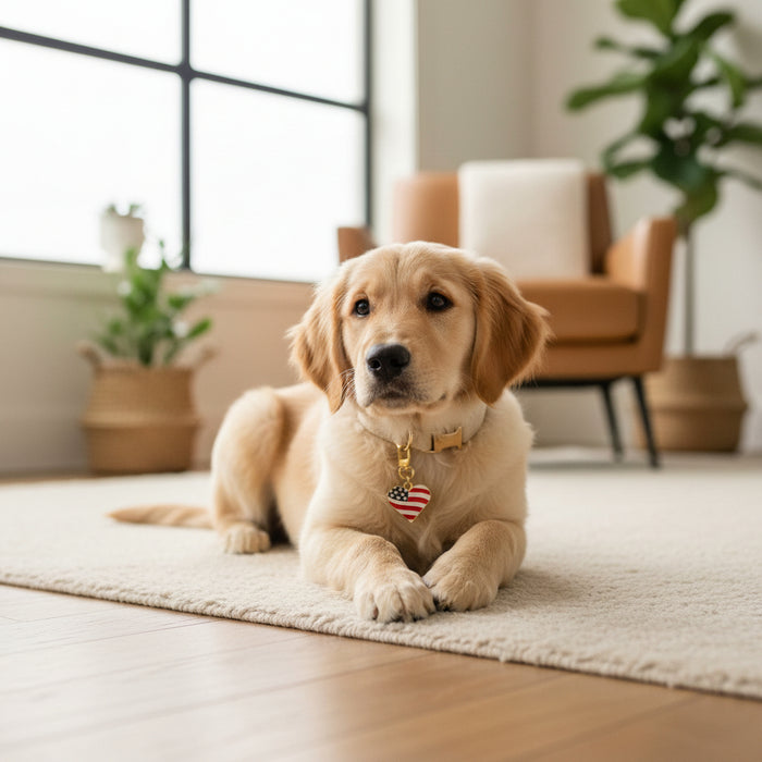 A golden retriever puppy wears The Darling Effect’s Americana Heart Pawfect Collar Charm while lying on a beige rug in a bright, modern living room featuring plants and a brown chair.