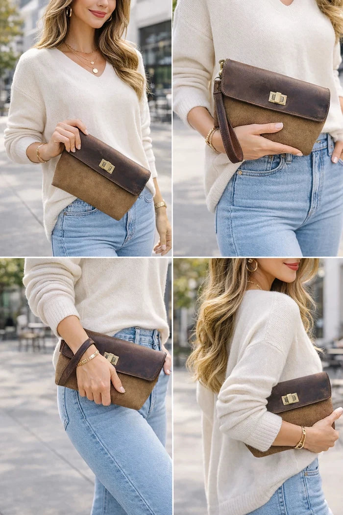Ariel Full-Grain Leather & Suede Wristlet Travel Clutch Purse for Women
