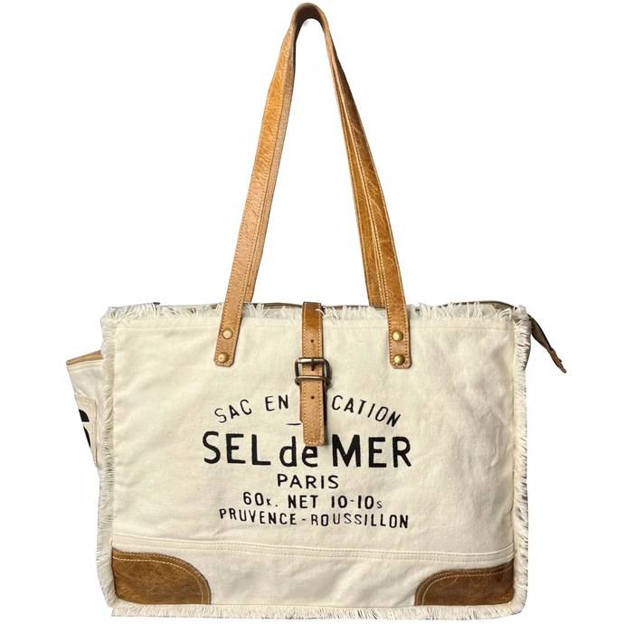 Audrey Leather Canvas Tote Bag for Women - Sel de Mer French-Inspired Shoulder Bag, White