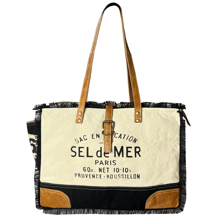 Audrey Leather Canvas Tote Bag for Women - Sel de Mer French-Inspired Shoulder Bag, Black