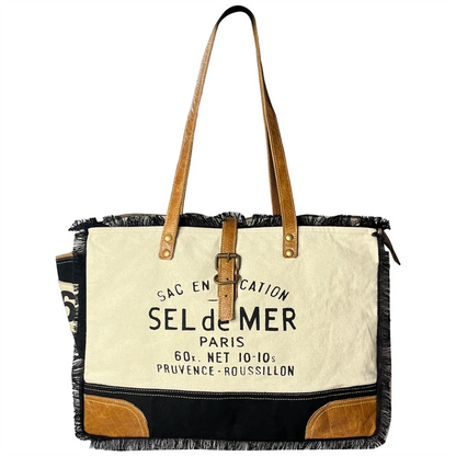 Audrey Leather Canvas Tote Bag for Women - Sel de Mer French-Inspired Shoulder Bag, Black