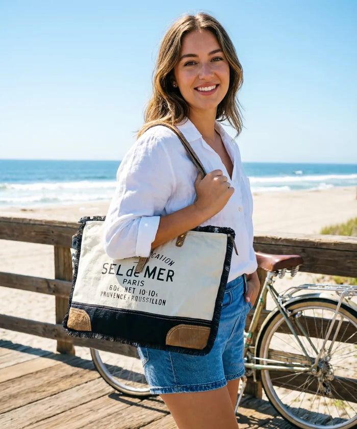 Audrey Leather Canvas Tote Bag for Women - Sel de Mer French-Inspired Shoulder Bag, Black