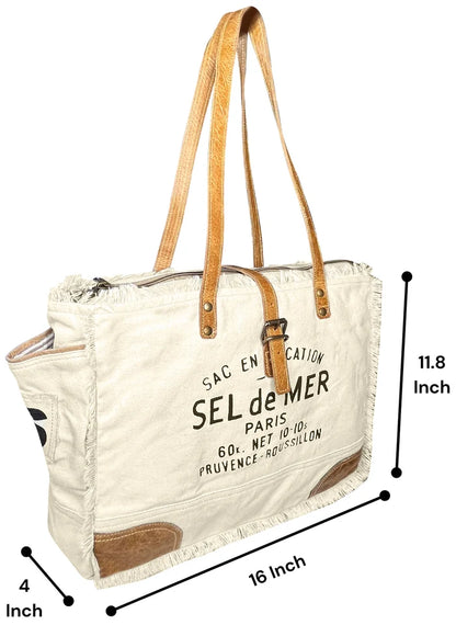 Audrey Leather Canvas Tote Bag for Women - Sel de Mer French-Inspired Shoulder Bag, White