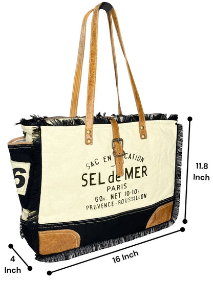 Audrey Leather Canvas Tote Bag for Women - Sel de Mer French-Inspired Shoulder Bag, Black