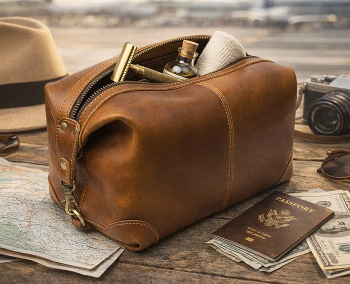 Avery Full-Grain Leather Toiletry Bag - Premium Travel Dopp Kit for Men