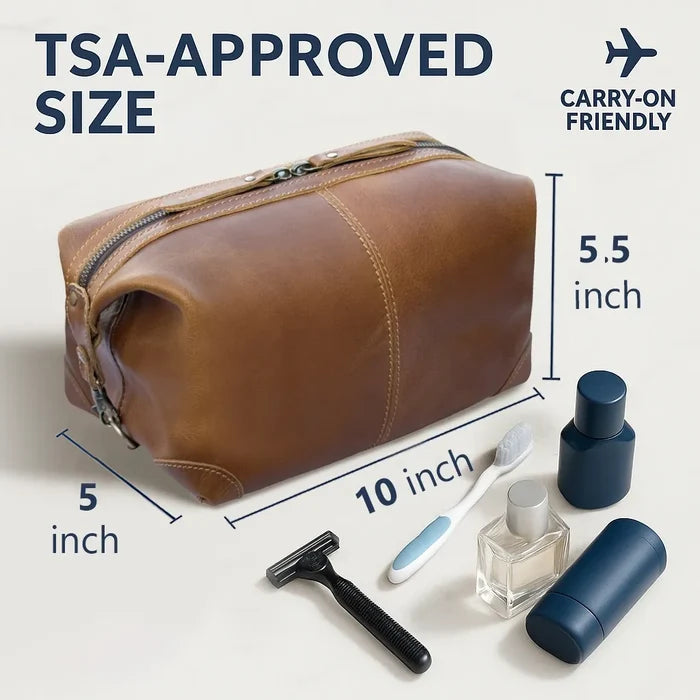 Avery Full-Grain Leather Toiletry Bag - Premium Travel Dopp Kit for Men