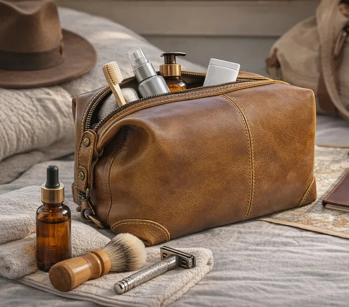 Avery Full-Grain Leather Toiletry Bag - Premium Travel Dopp Kit for Men