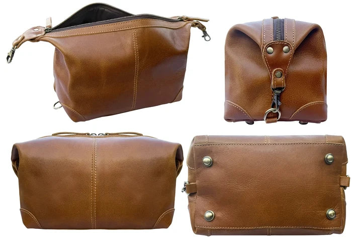 Avery Full-Grain Leather Toiletry Bag - Premium Travel Dopp Kit for Men