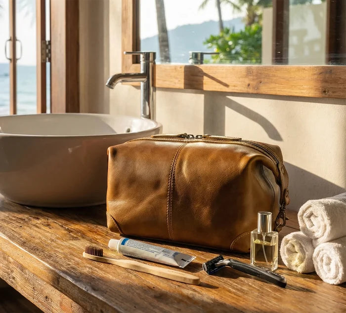 Avery Full-Grain Leather Toiletry Bag - Premium Travel Dopp Kit for Men