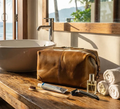 Avery Full-Grain Leather Toiletry Bag - Premium Travel Dopp Kit for Men