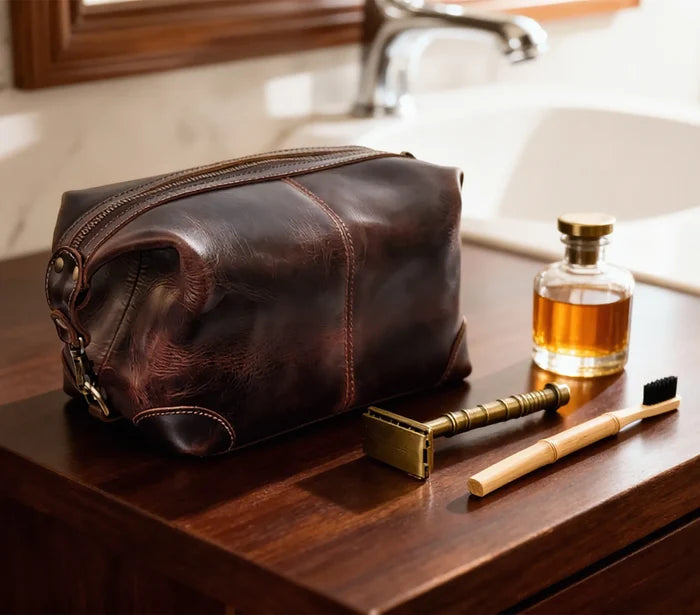 Avery Leather Toiletry Bag for Men - Premium Travel Shaving Dopp Kit