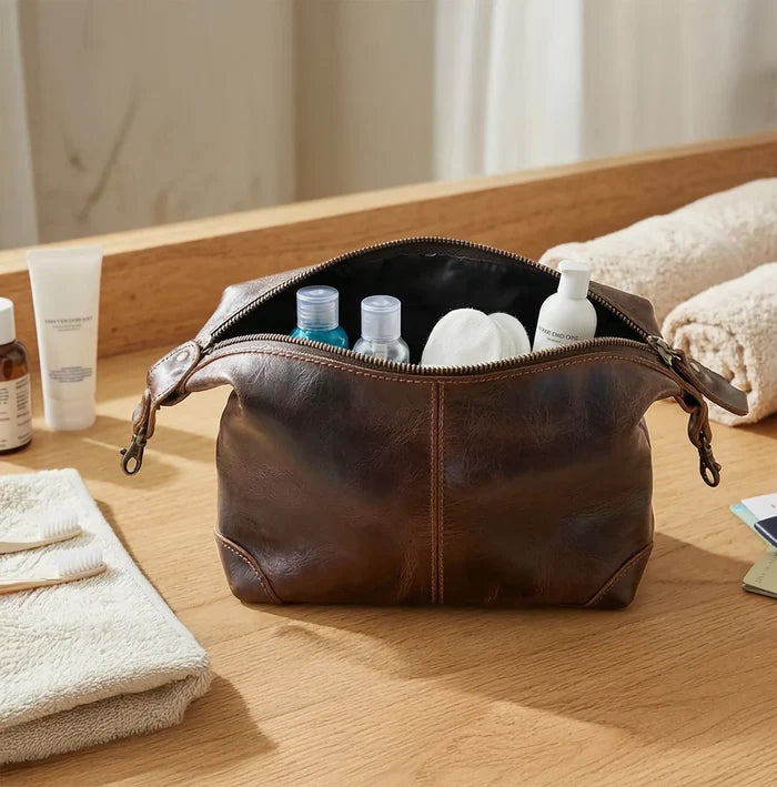 Avery Leather Toiletry Bag for Men - Premium Travel Shaving Dopp Kit