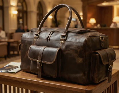 Aviator Rugged Leather Duffle Bag for Men | Full-Grain Overnight Weekender Carry-On