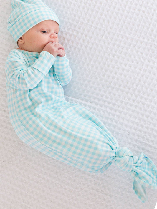Baby Blue Breeze Gingham Modal Blend Knotted Sleep Gown & Hat Set