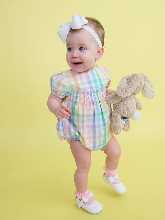 Baby Girls Poppy Rainbow Plaid Stripe Puff Sleeve Smocked Romper