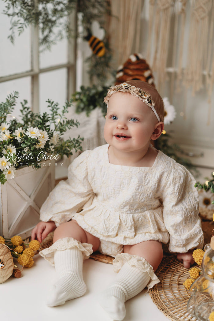 Baby Ivory Floral Embossed Fabric  Romper