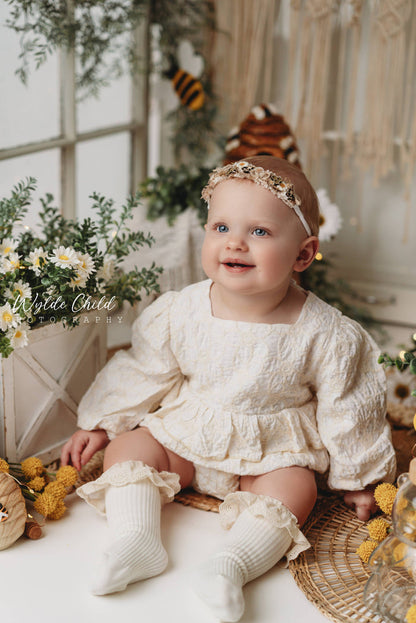 Baby Ivory Floral Embossed Fabric  Romper