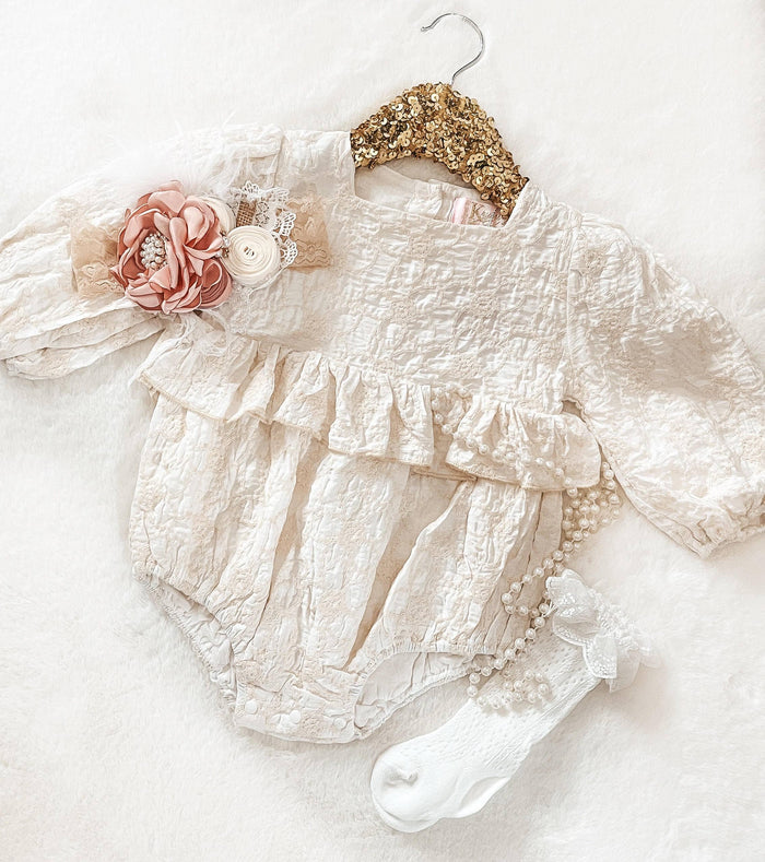 Baby Ivory Floral Embossed Fabric  Romper