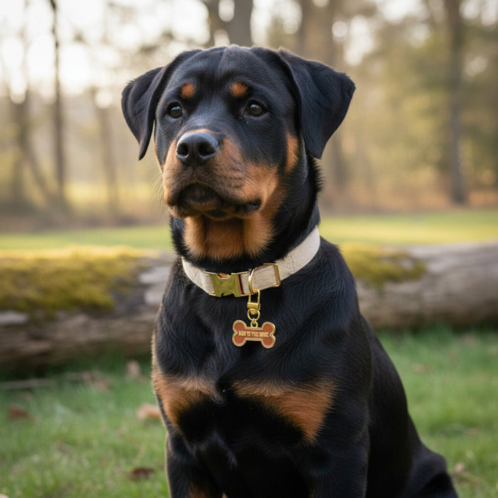 A Rottweiler sits on grass outdoors, sporting a beige collar with The Darling Effect's Bad to the Bone Pawfect Collar Charm and a bone-shaped tag. Trees and a fallen log appear in the softly blurred background.