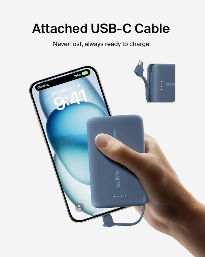 Belkin Boost Charge Power Bank 10000Mah, PD 20Watts, USB-C Integrated Cable and USB-C Port, Blue
